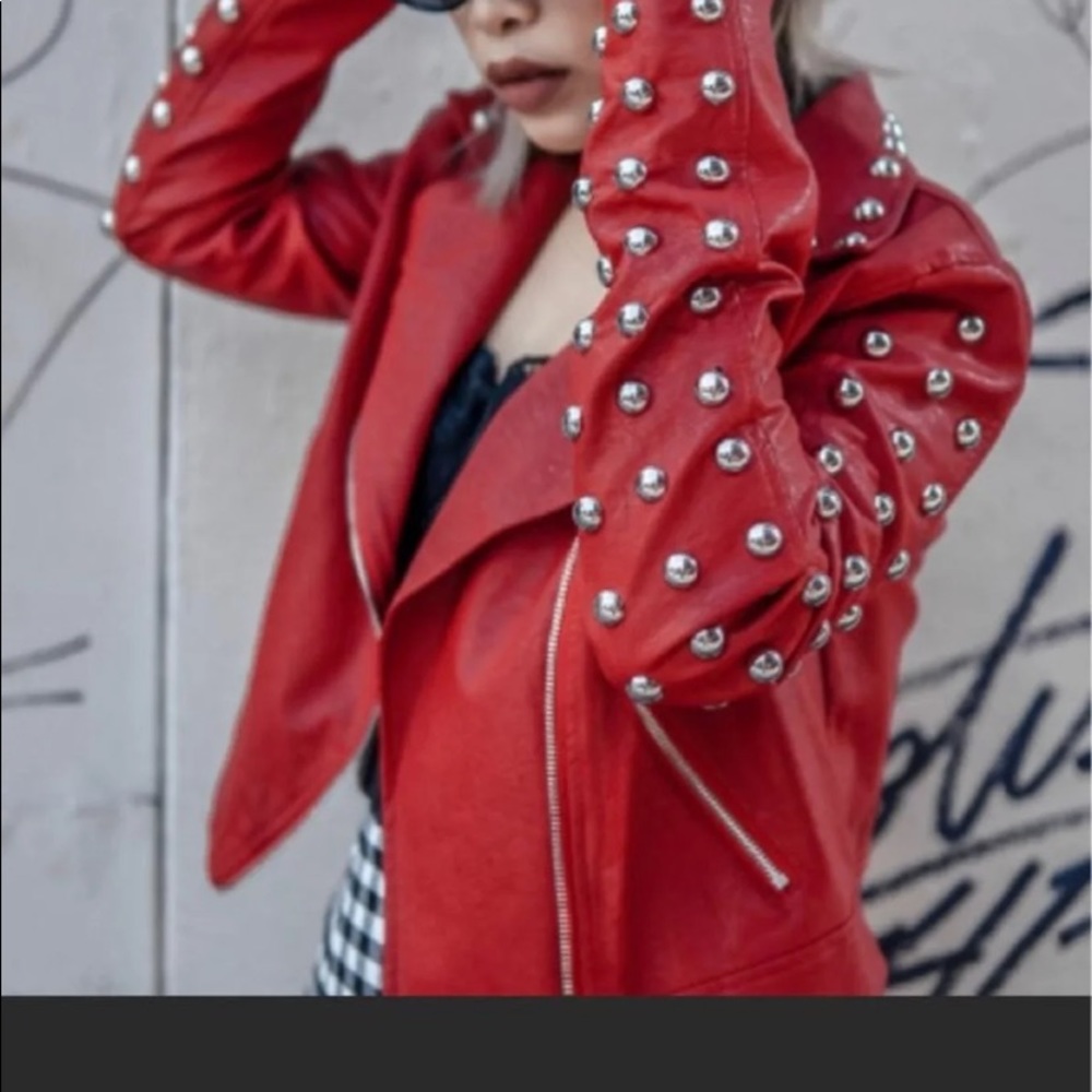 ALPHA & OMEGA Red Vegan Leather Studded Jacket